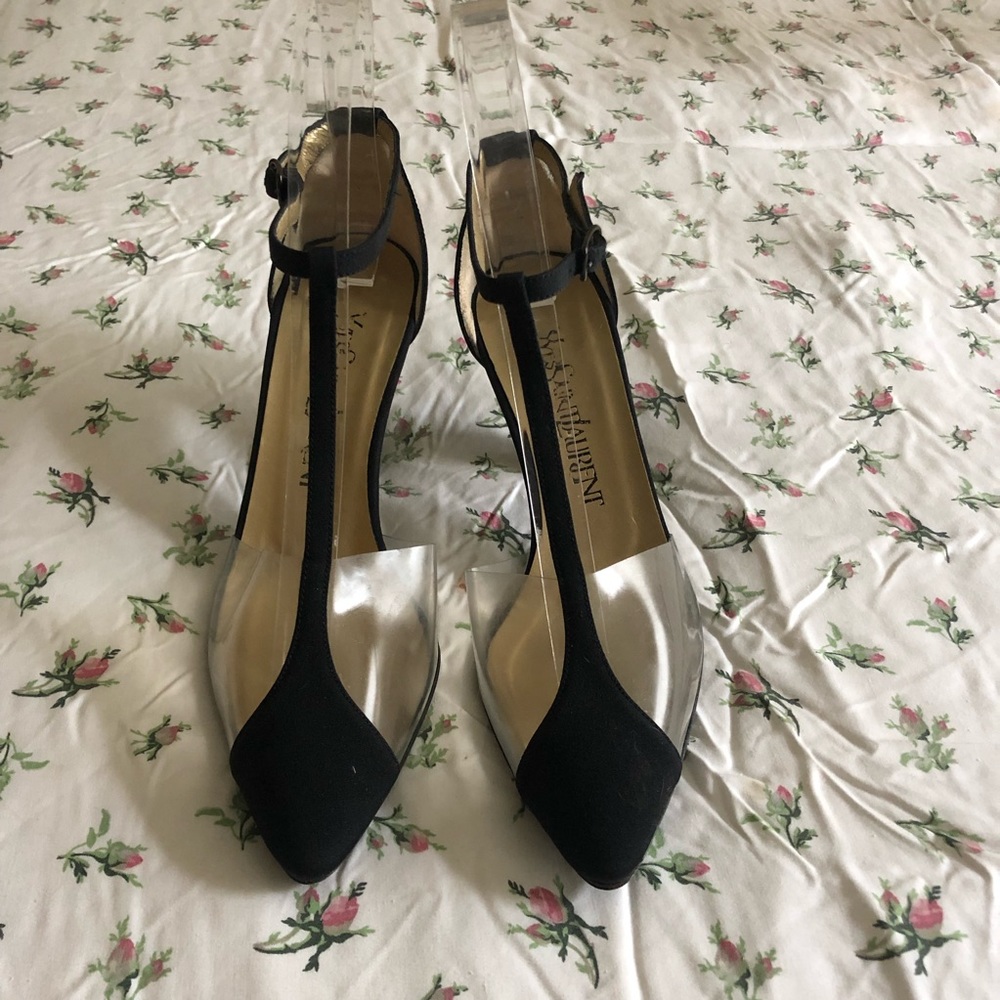 YSL Vintage Clear PVC Black T-Strap heels size 6